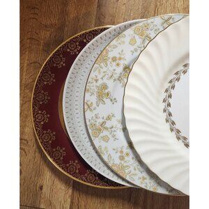 Mismatched Fine China Dinner Plates ~10.5" Set of 4 Gold Rims Porcelain